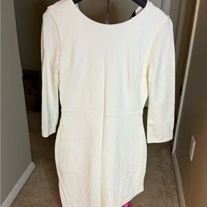 Cream Sheath Dress with 3/4 Sleeves and Crew Neck